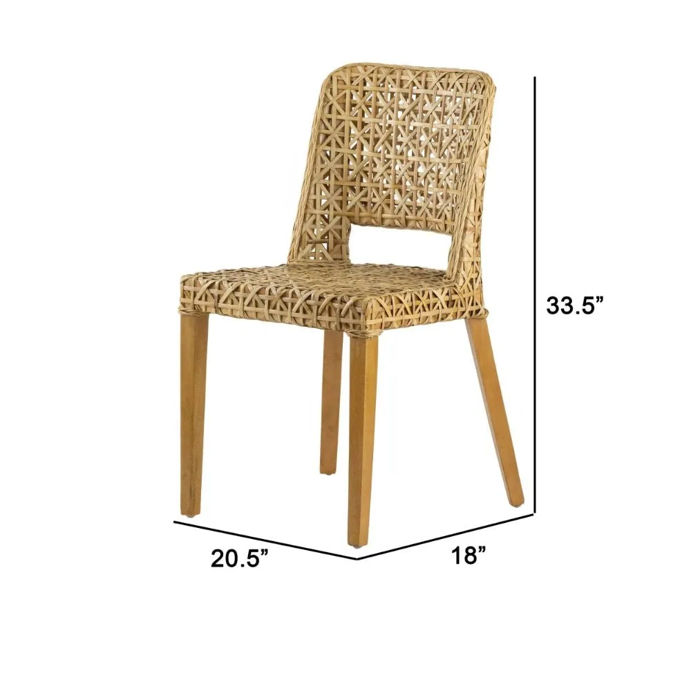 21 Inch Dining Side Chair, Woven Rattan Backrest, Wood Frame, Natural Brown By Casagear Home