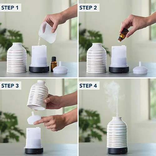 Airomé Serenity Medium Porcelain Essential Oil Diffuser|100 mL Humidifying Ultrasonic Aromatherapy Diffuser 8 Colorful LED Lights, Intermittent & Continual Mist, Auto Shut-Off, White