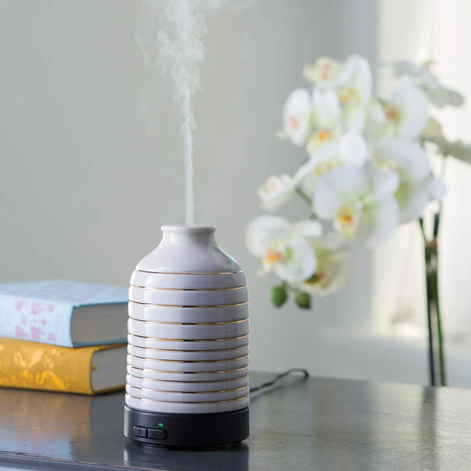 Airomé Serenity Medium Porcelain Essential Oil Diffuser|100 mL Humidifying Ultrasonic Aromatherapy Diffuser 8 Colorful LED Lights, Intermittent & Continual Mist, Auto Shut-Off, White