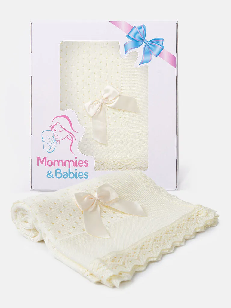 Baby Open Dot Knitted Spanish Blanket with Bow-Ivory