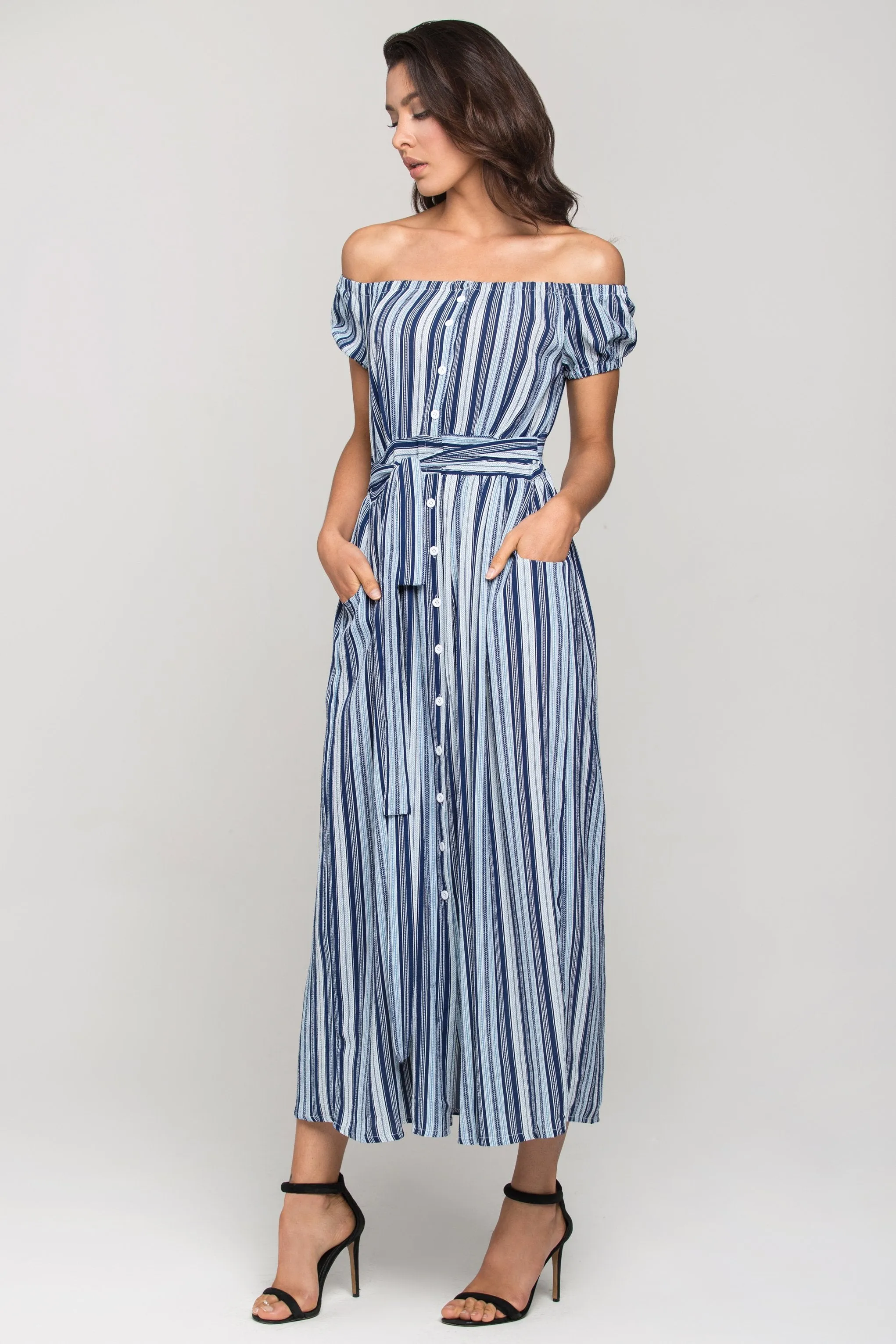 Blue Boho off the shoulder Shirt Midi Dress