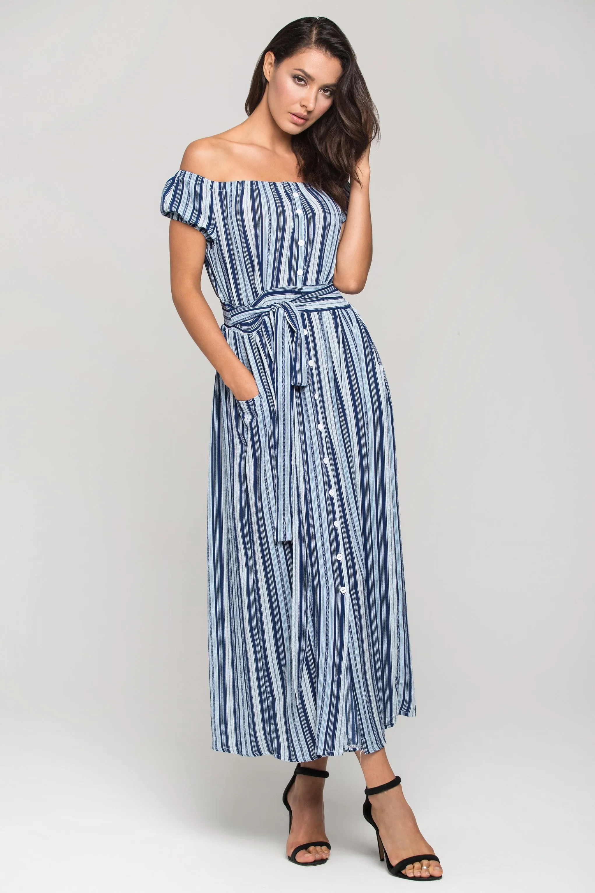 Blue Boho off the shoulder Shirt Midi Dress