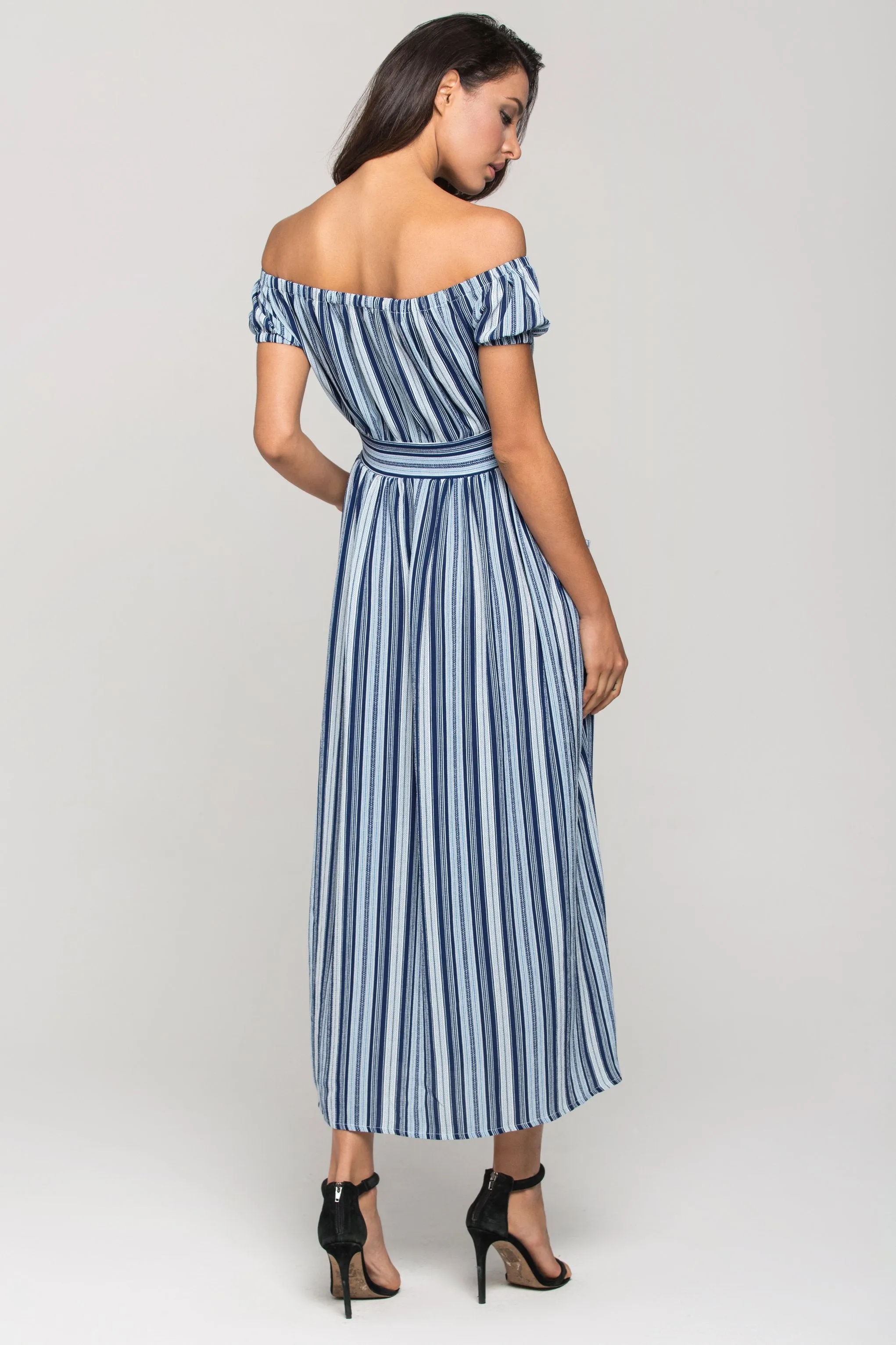 Blue Boho off the shoulder Shirt Midi Dress