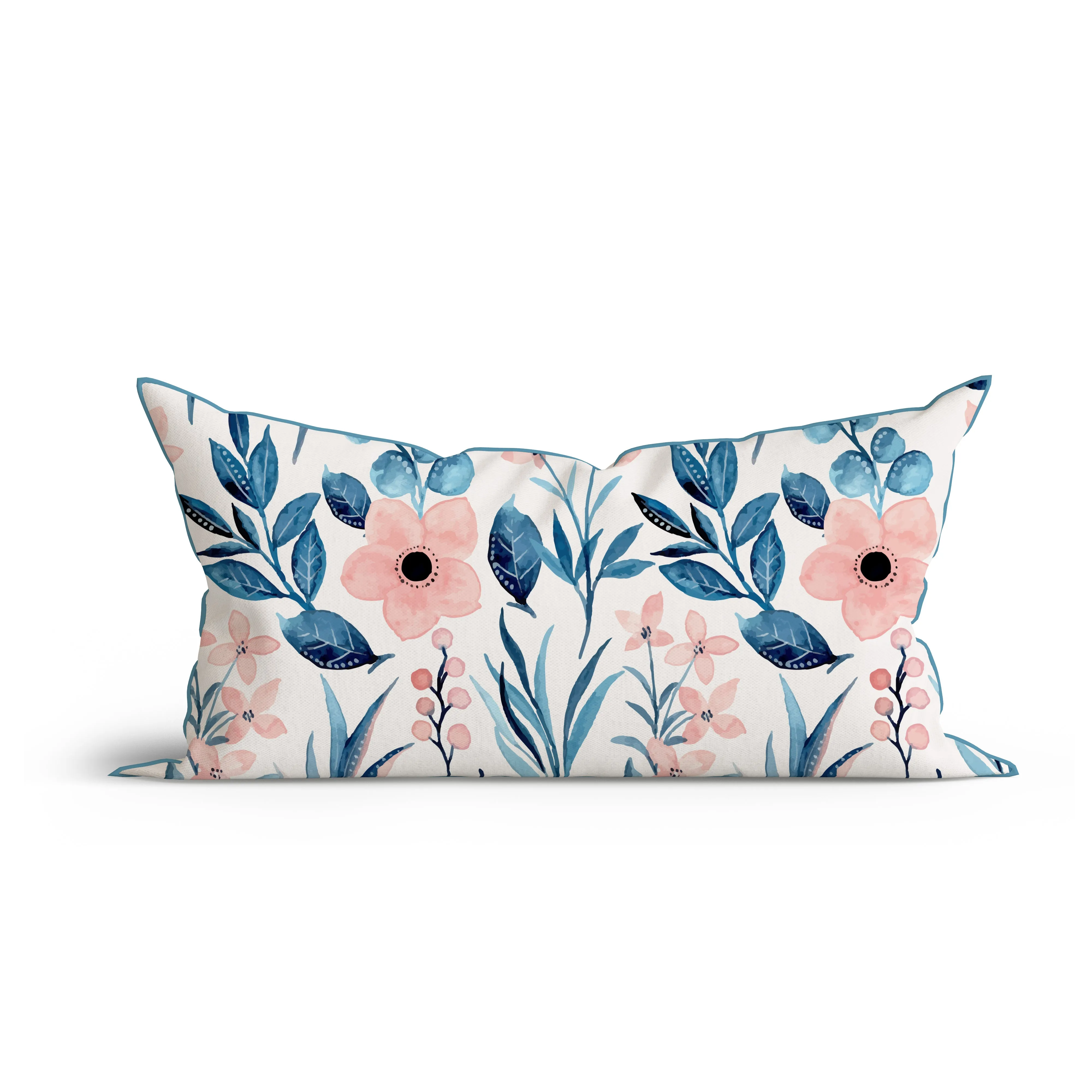 Bohemian Blue Floral Watercolor Cotton Cushion with Piping