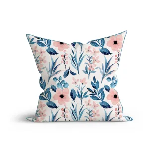 Bohemian Blue Floral Watercolor Cotton Cushion with Piping