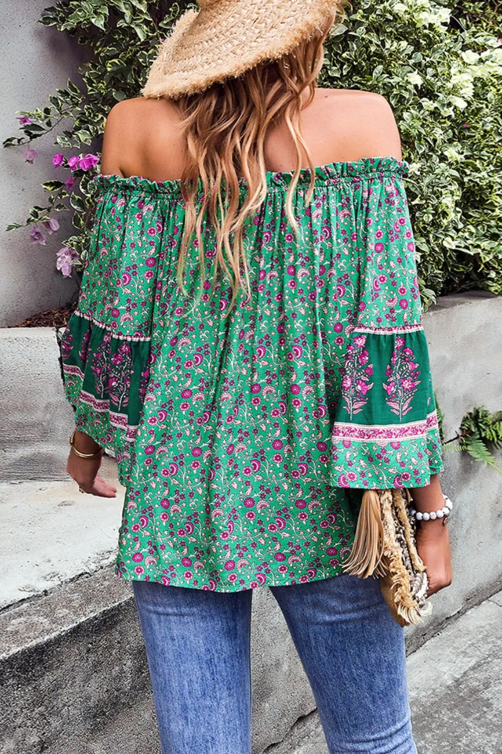 Boho Bohemian Tassel Tie Frill Trim Off-Shoulder Blouse
