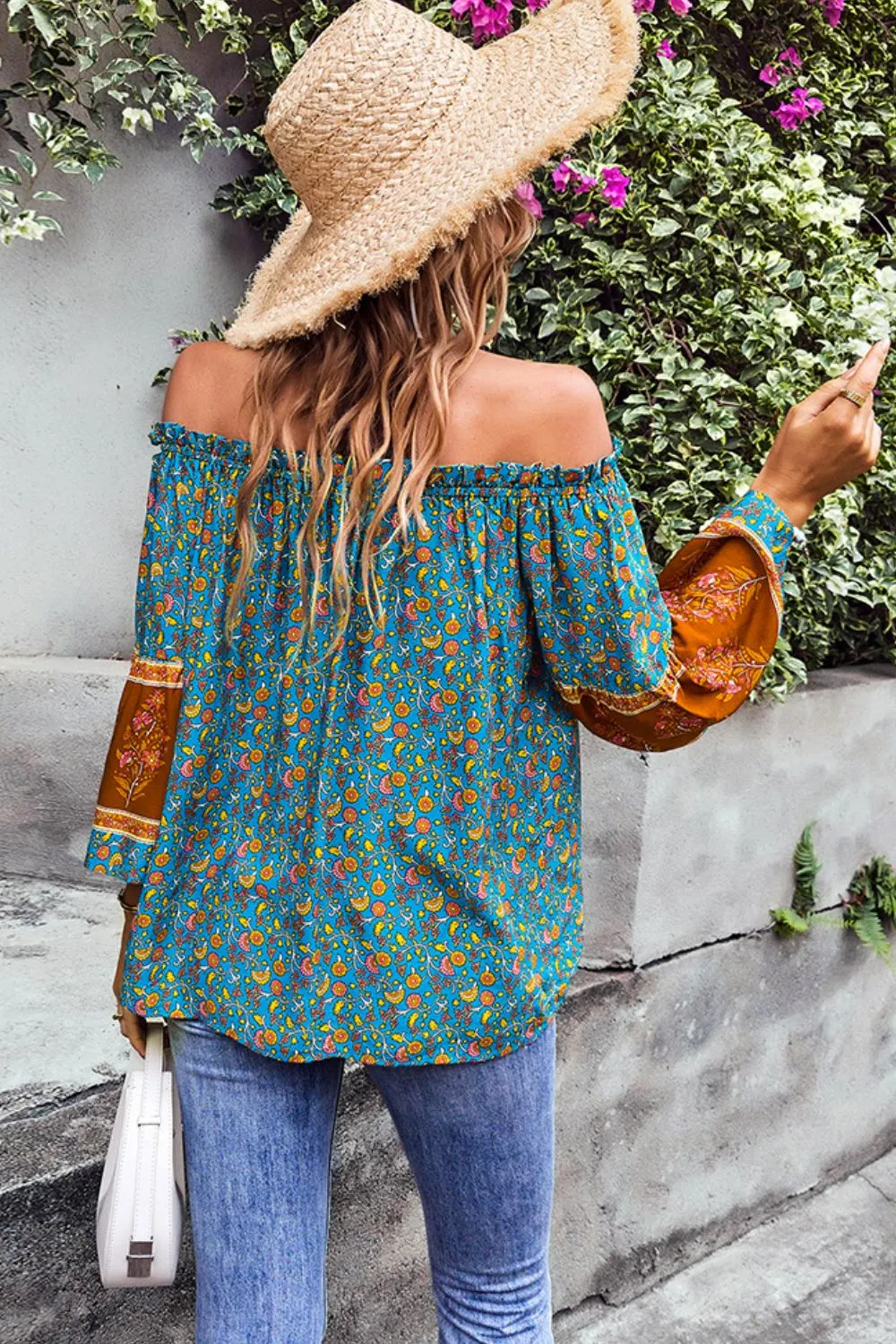 Boho Bohemian Tassel Tie Frill Trim Off-Shoulder Blouse