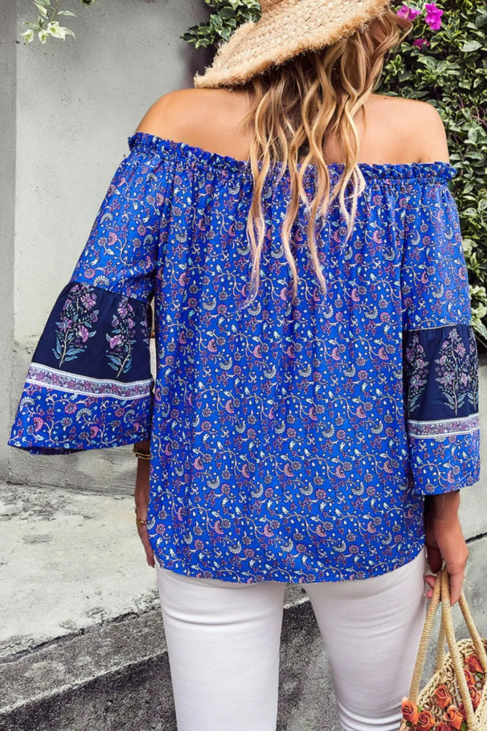 Boho Bohemian Tassel Tie Frill Trim Off-Shoulder Blouse