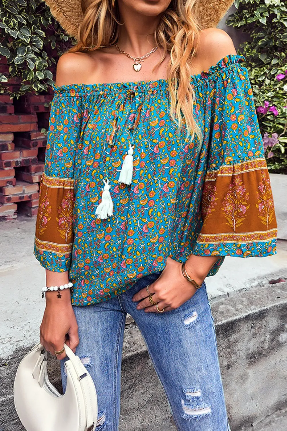 Boho Bohemian Tassel Tie Frill Trim Off-Shoulder Blouse