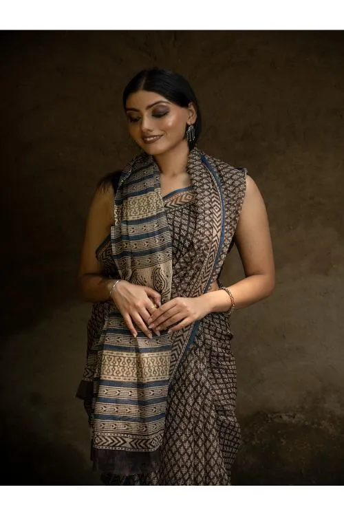 Classic Appeal. Bagru Hand Block Printed Kota Doria Saree - Black Florets