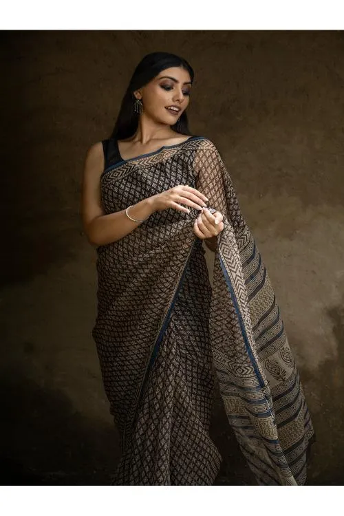 Classic Appeal. Bagru Hand Block Printed Kota Doria Saree - Black Florets
