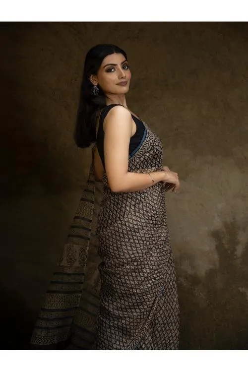 Classic Appeal. Bagru Hand Block Printed Kota Doria Saree - Black Florets