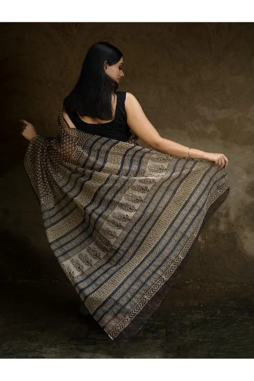 Classic Appeal. Bagru Hand Block Printed Kota Doria Saree - Black Florets