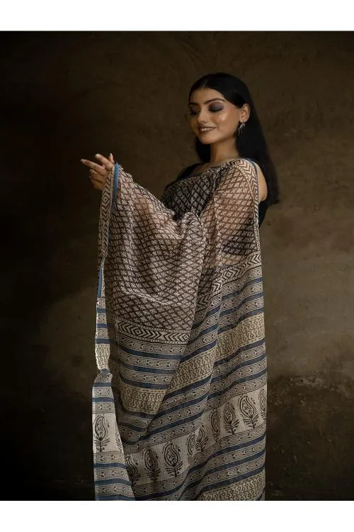 Classic Appeal. Bagru Hand Block Printed Kota Doria Saree - Black Florets