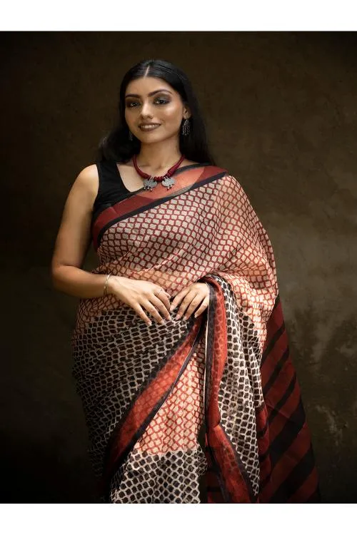 Classic Appeal. Bagru Hand Block Printed Kota Doria Saree - Honeycomb