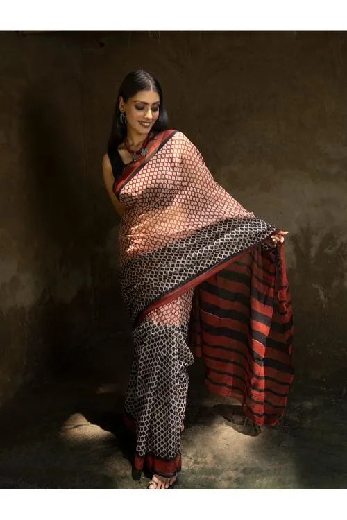 Classic Appeal. Bagru Hand Block Printed Kota Doria Saree - Honeycomb