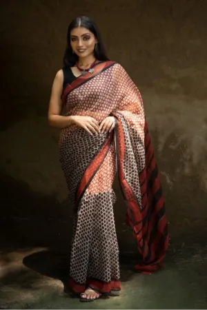 Classic Appeal. Bagru Hand Block Printed Kota Doria Saree - Honeycomb