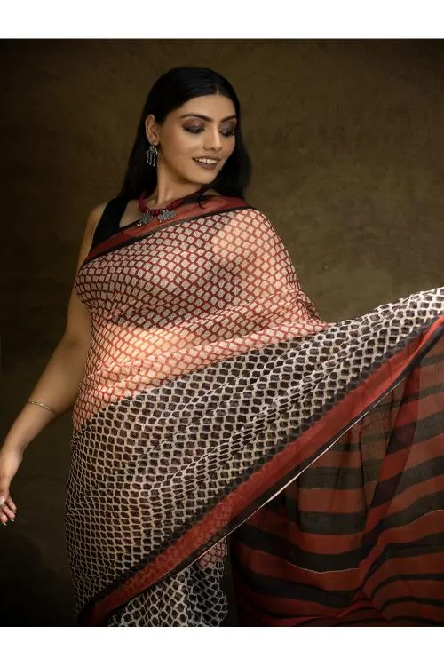 Classic Appeal. Bagru Hand Block Printed Kota Doria Saree - Honeycomb