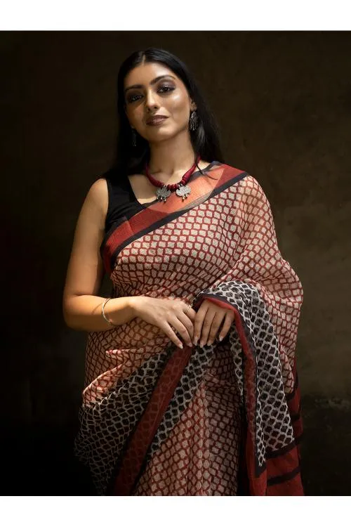 Classic Appeal. Bagru Hand Block Printed Kota Doria Saree - Honeycomb