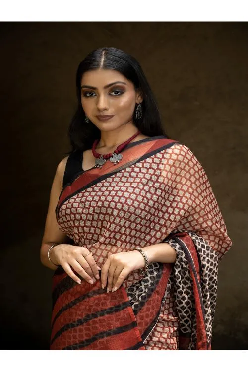 Classic Appeal. Bagru Hand Block Printed Kota Doria Saree - Honeycomb