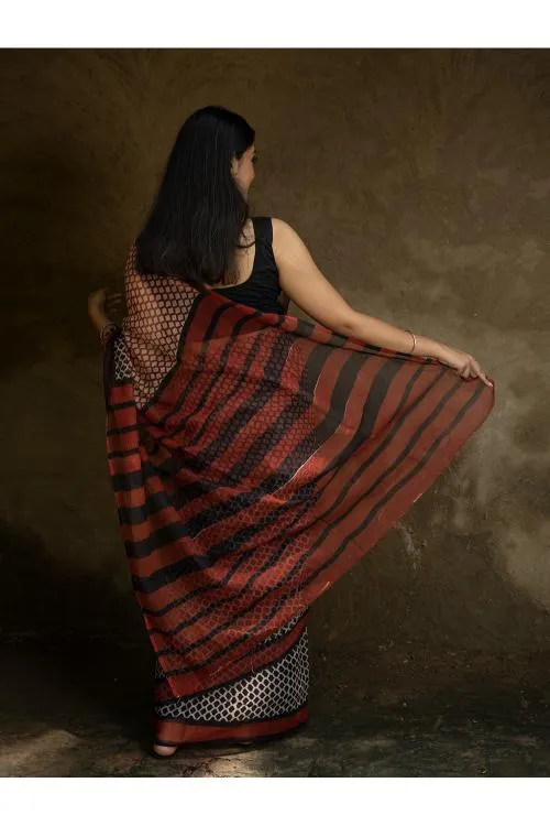 Classic Appeal. Bagru Hand Block Printed Kota Doria Saree - Honeycomb