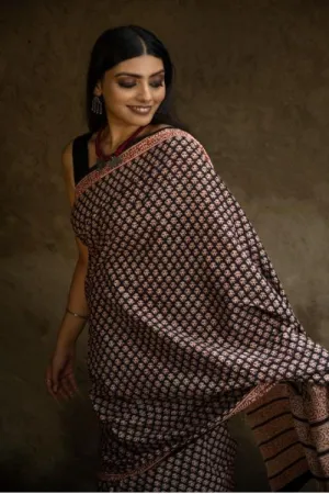 Classic Appeal. Bagru Hand Block Printed Mul Cotton Saree - Black Ornate