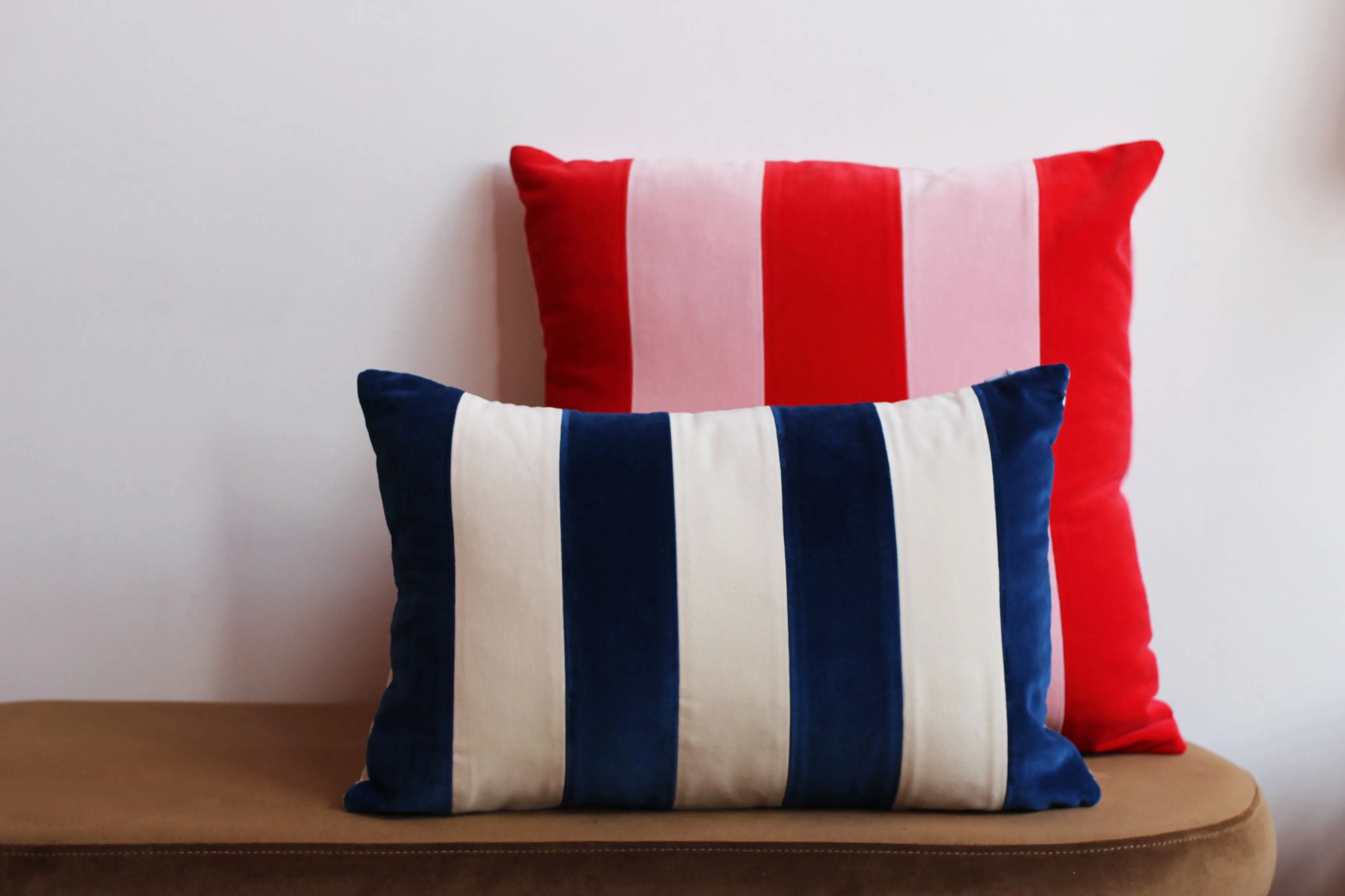 Cobalt Blue and White Stripes Velvet Cushion