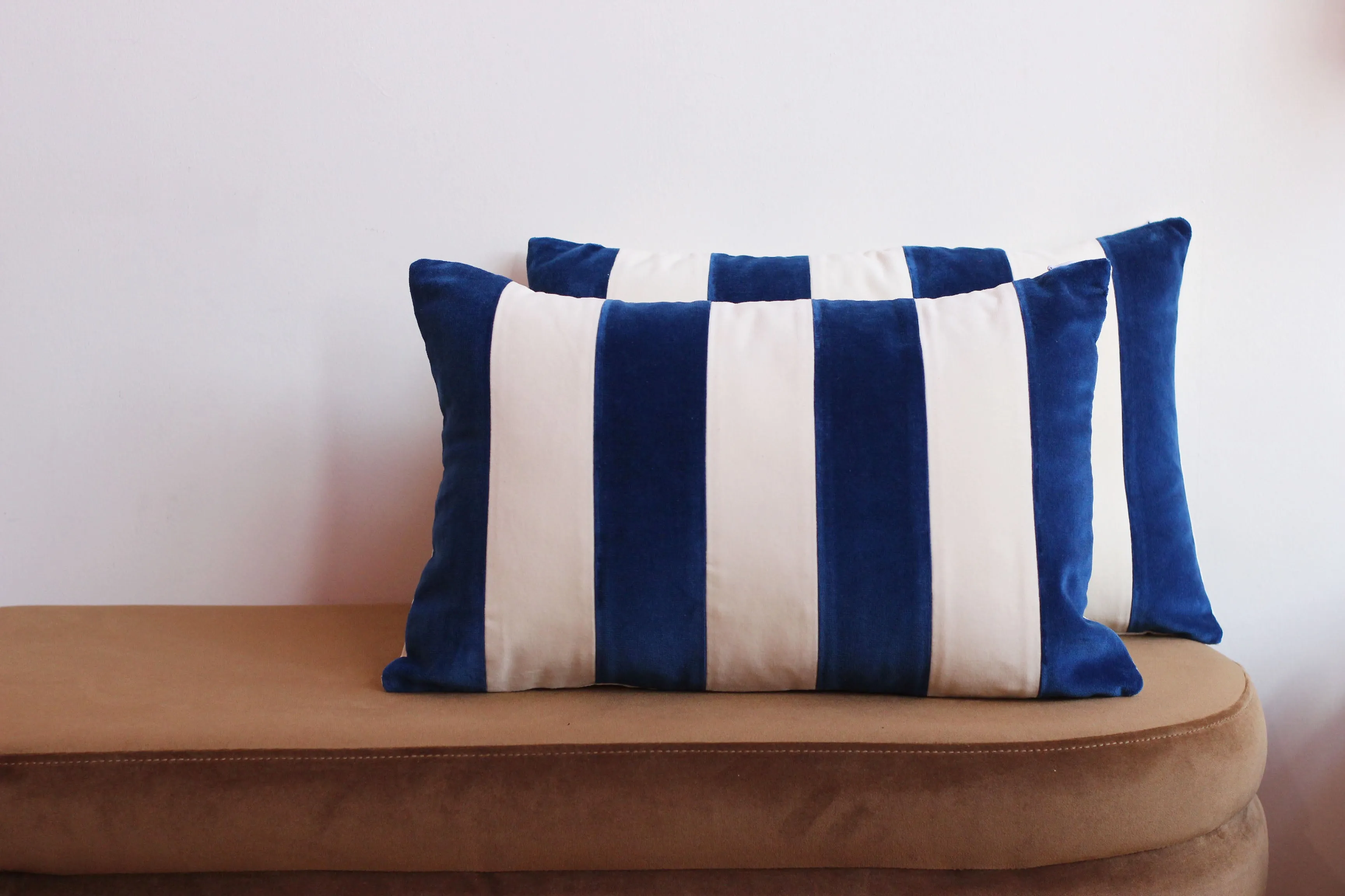 Cobalt Blue and White Stripes Velvet Cushion