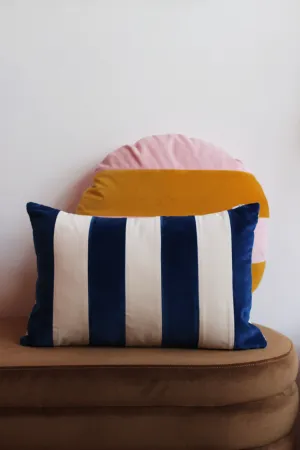 Cobalt Blue and White Stripes Velvet Cushion