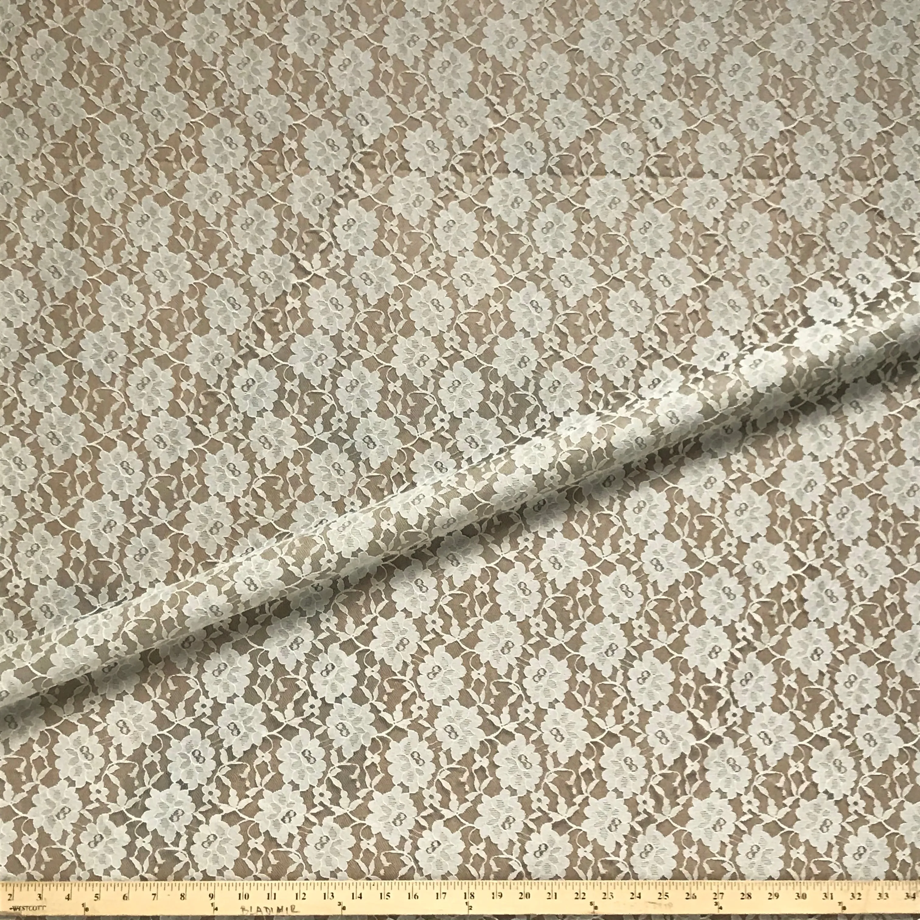 Daisy Ivory Tan Floral Lace Overlay Upholstery Fabric - 54"