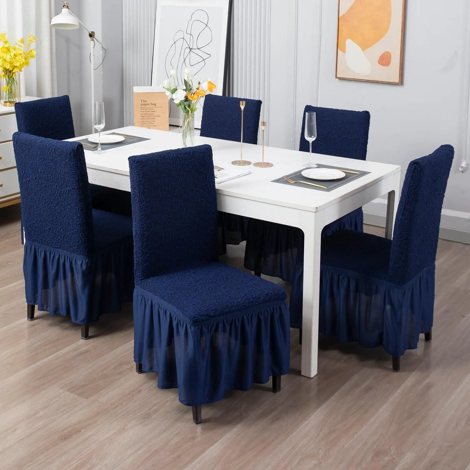 Elastic Stretchable Designer Woven Jacquard Dining Chair Cover with Frill, Navy Blue