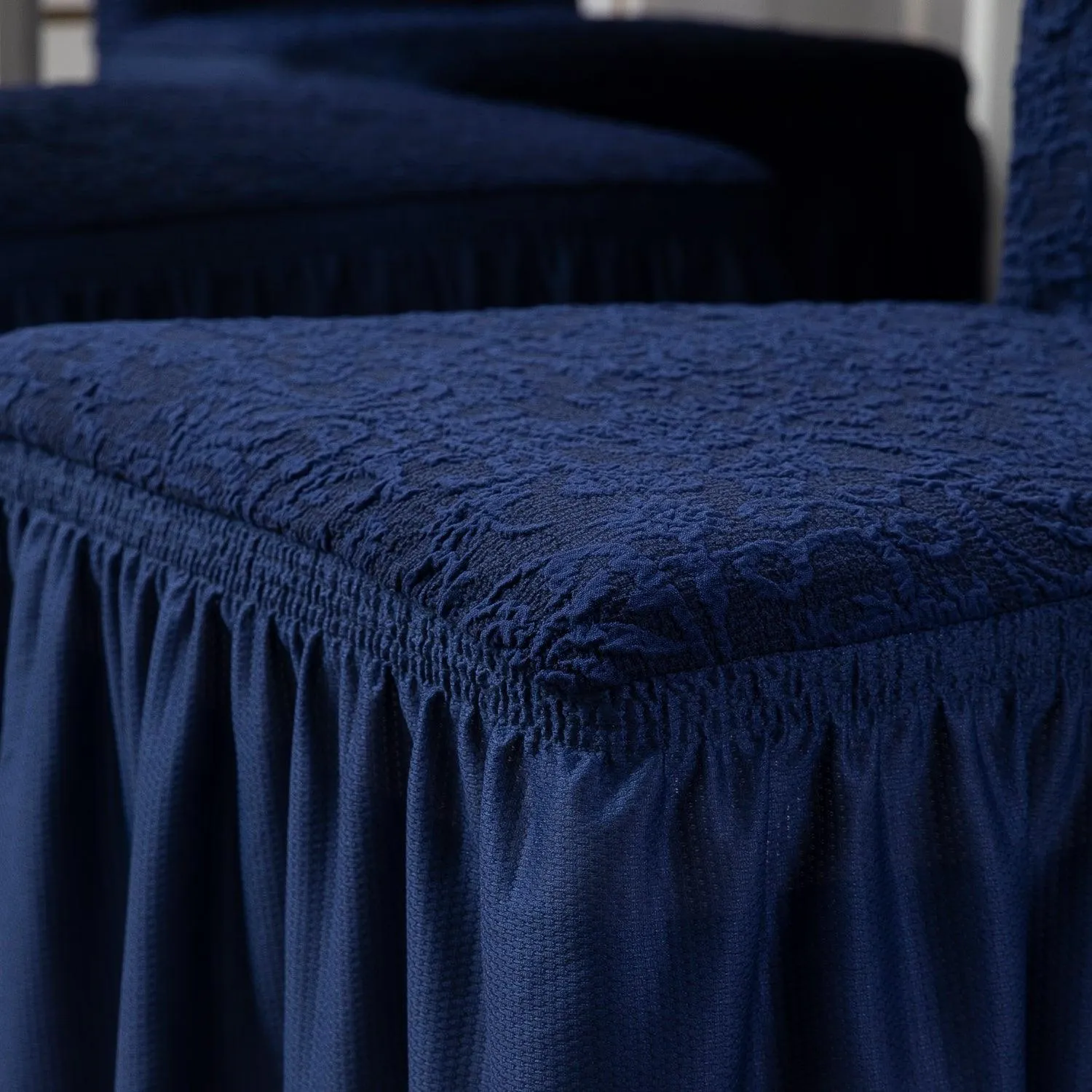 Elastic Stretchable Designer Woven Jacquard Dining Chair Cover with Frill, Navy Blue