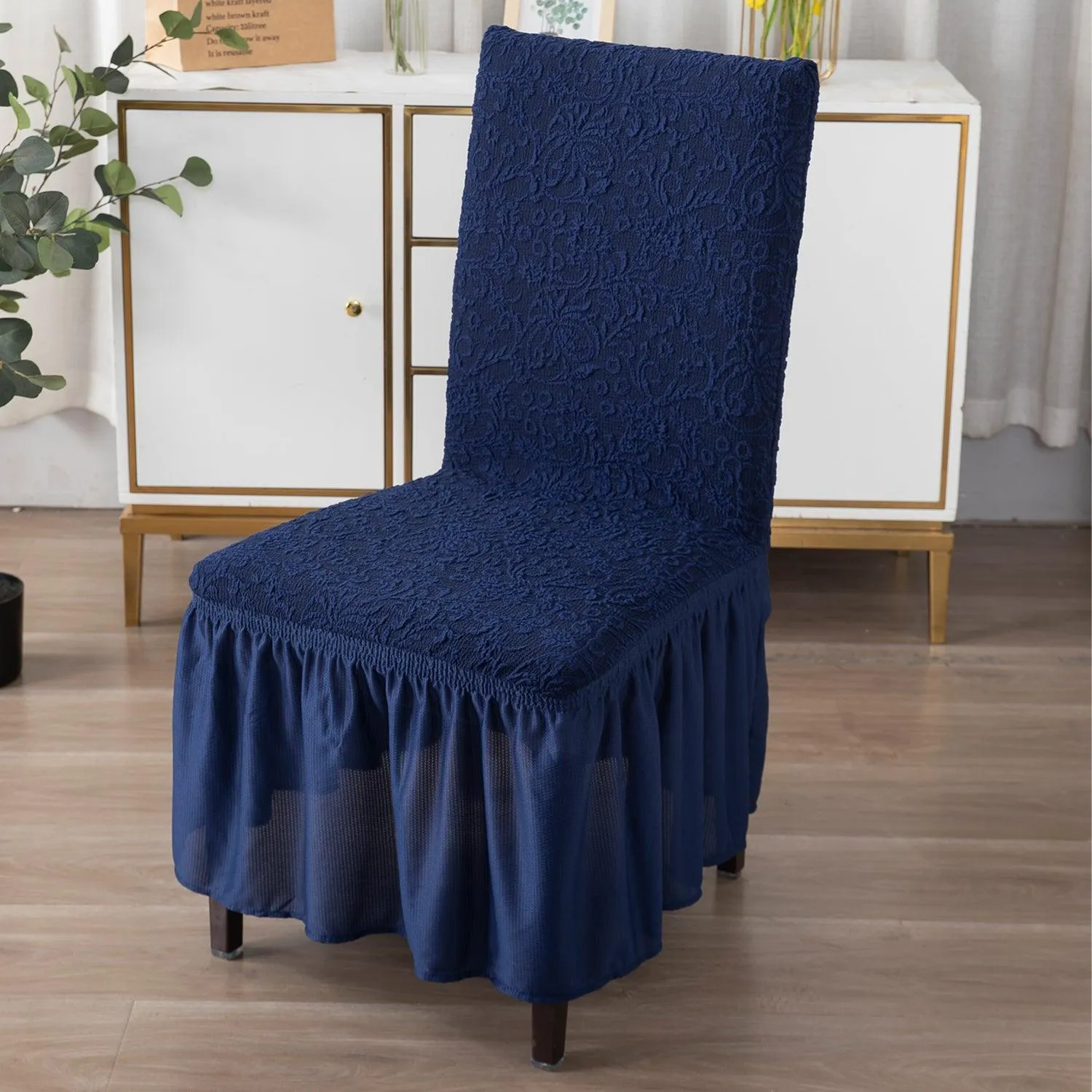 Elastic Stretchable Designer Woven Jacquard Dining Chair Cover with Frill, Navy Blue