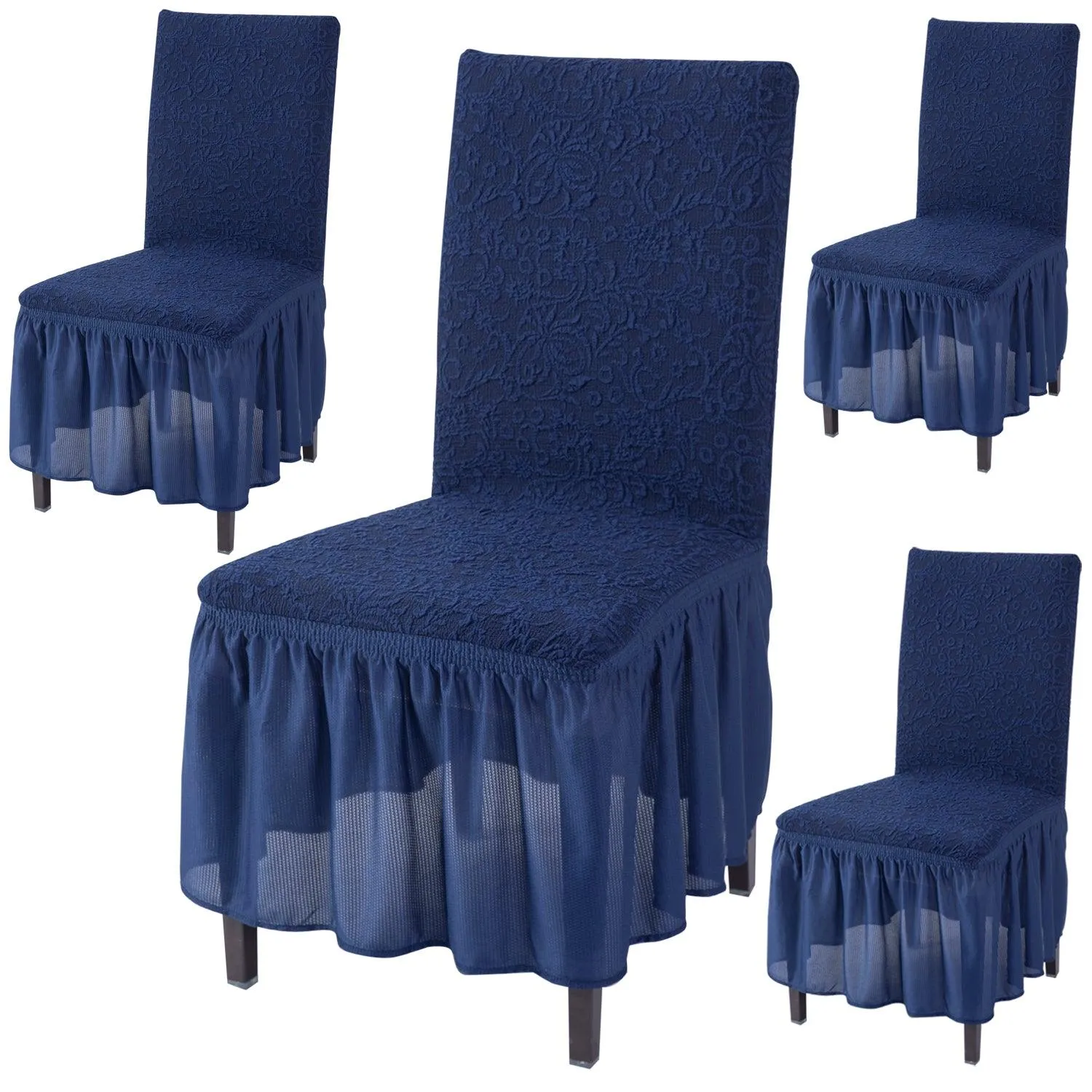 Elastic Stretchable Designer Woven Jacquard Dining Chair Cover with Frill, Navy Blue