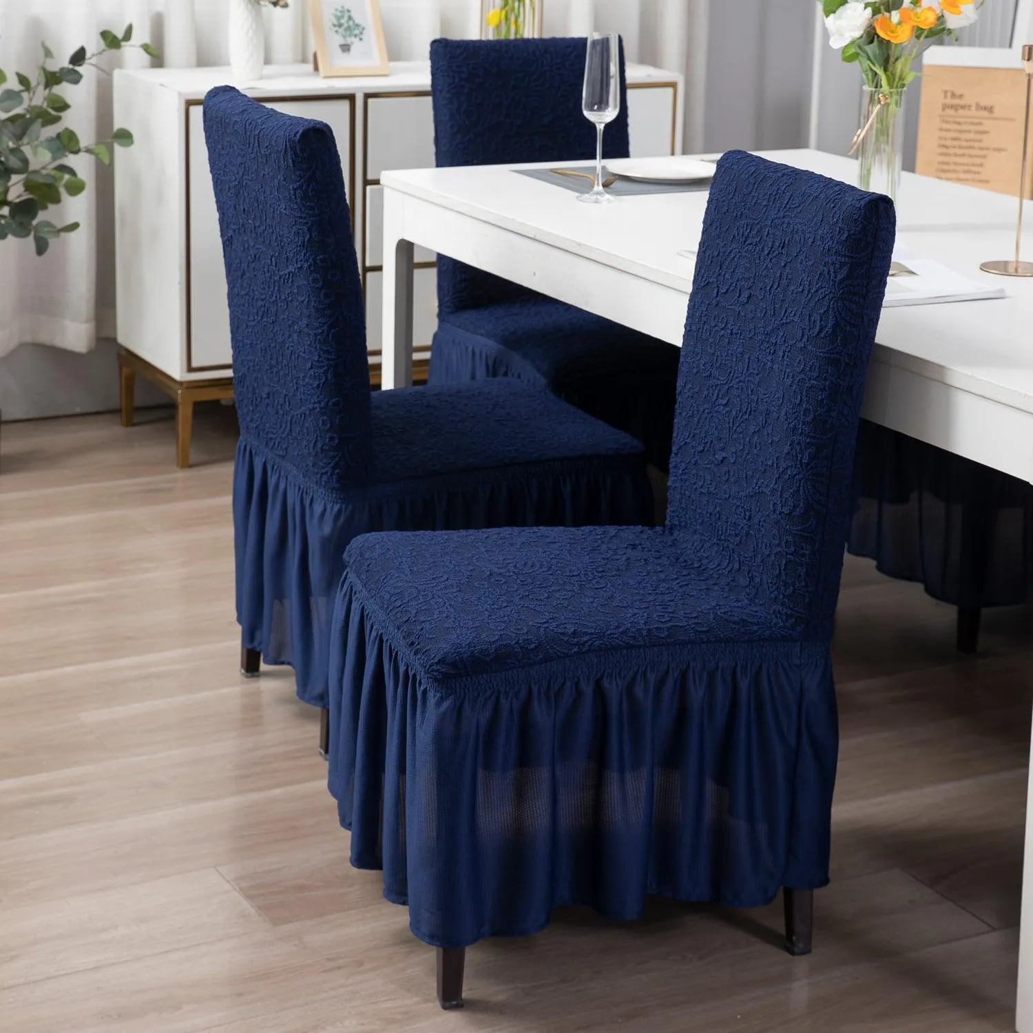 Elastic Stretchable Designer Woven Jacquard Dining Chair Cover with Frill, Navy Blue