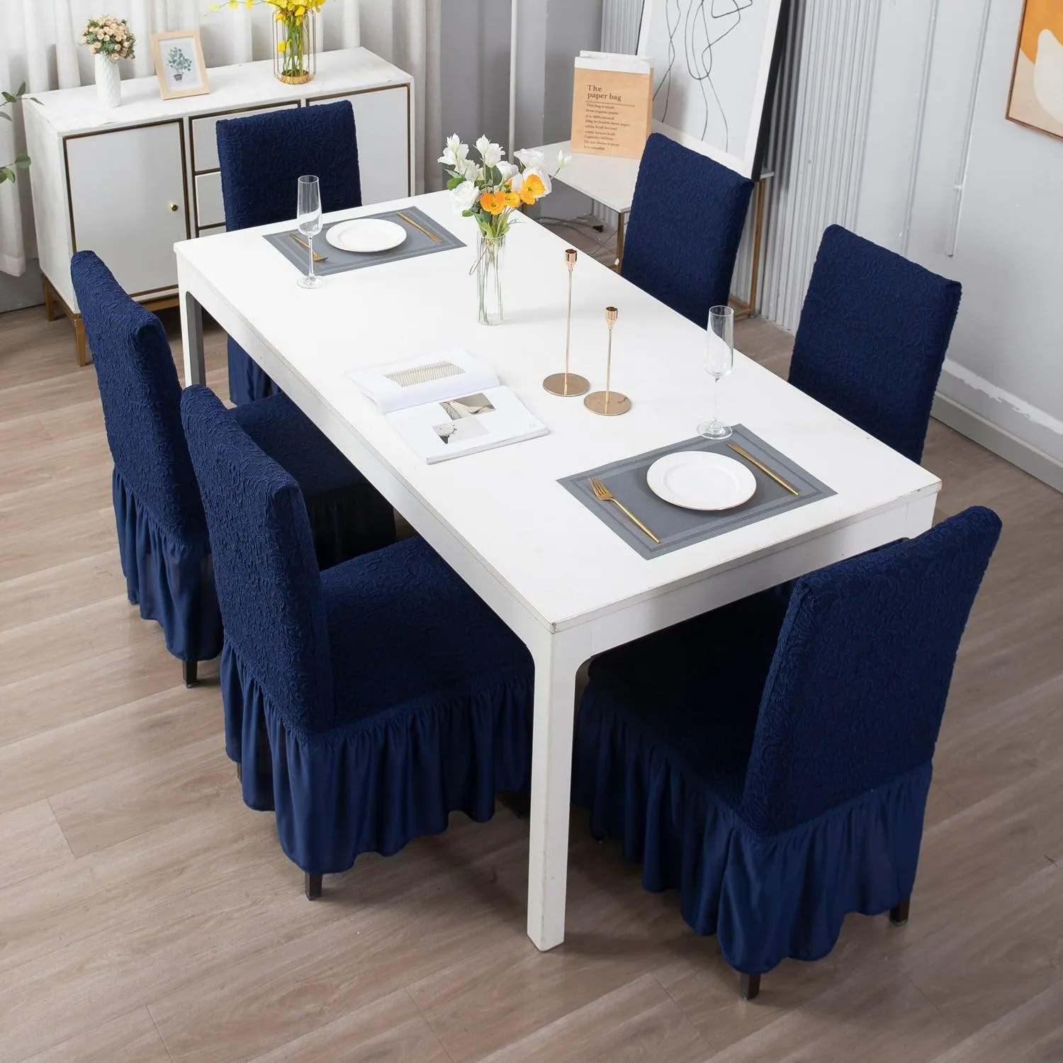 Elastic Stretchable Designer Woven Jacquard Dining Chair Cover with Frill, Navy Blue