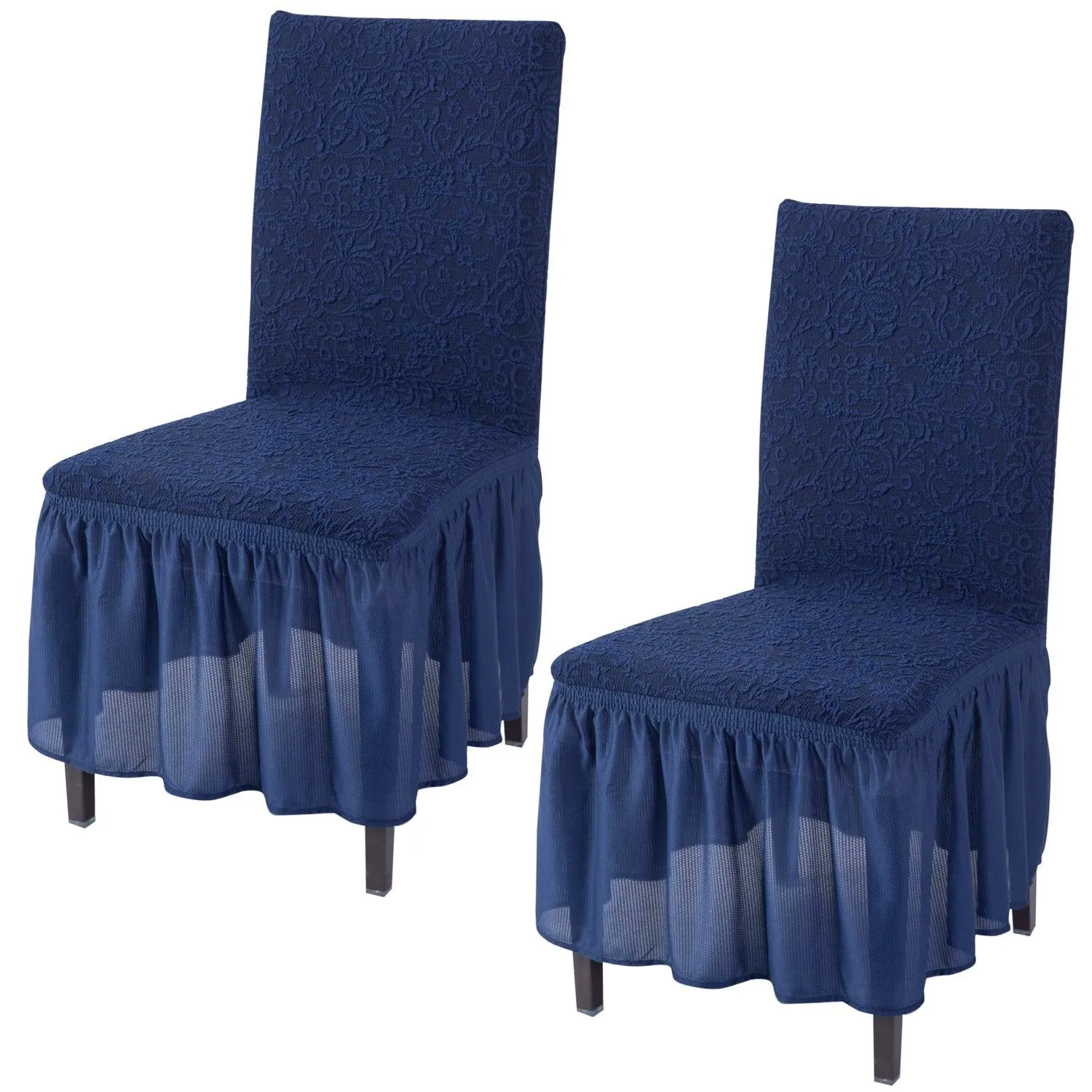 Elastic Stretchable Designer Woven Jacquard Dining Chair Cover with Frill, Navy Blue