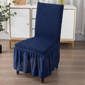 Elastic Stretchable Designer Woven Jacquard Dining Chair Cover with Frill, Navy Blue