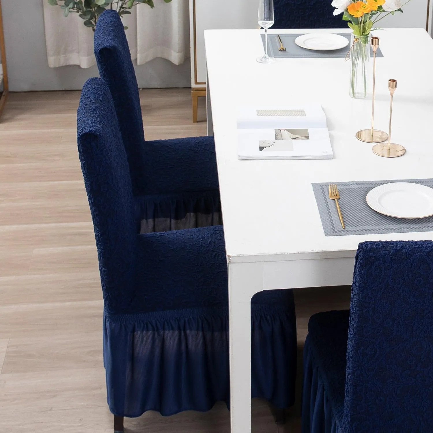 Elastic Stretchable Designer Woven Jacquard Dining Chair Cover with Frill, Navy Blue