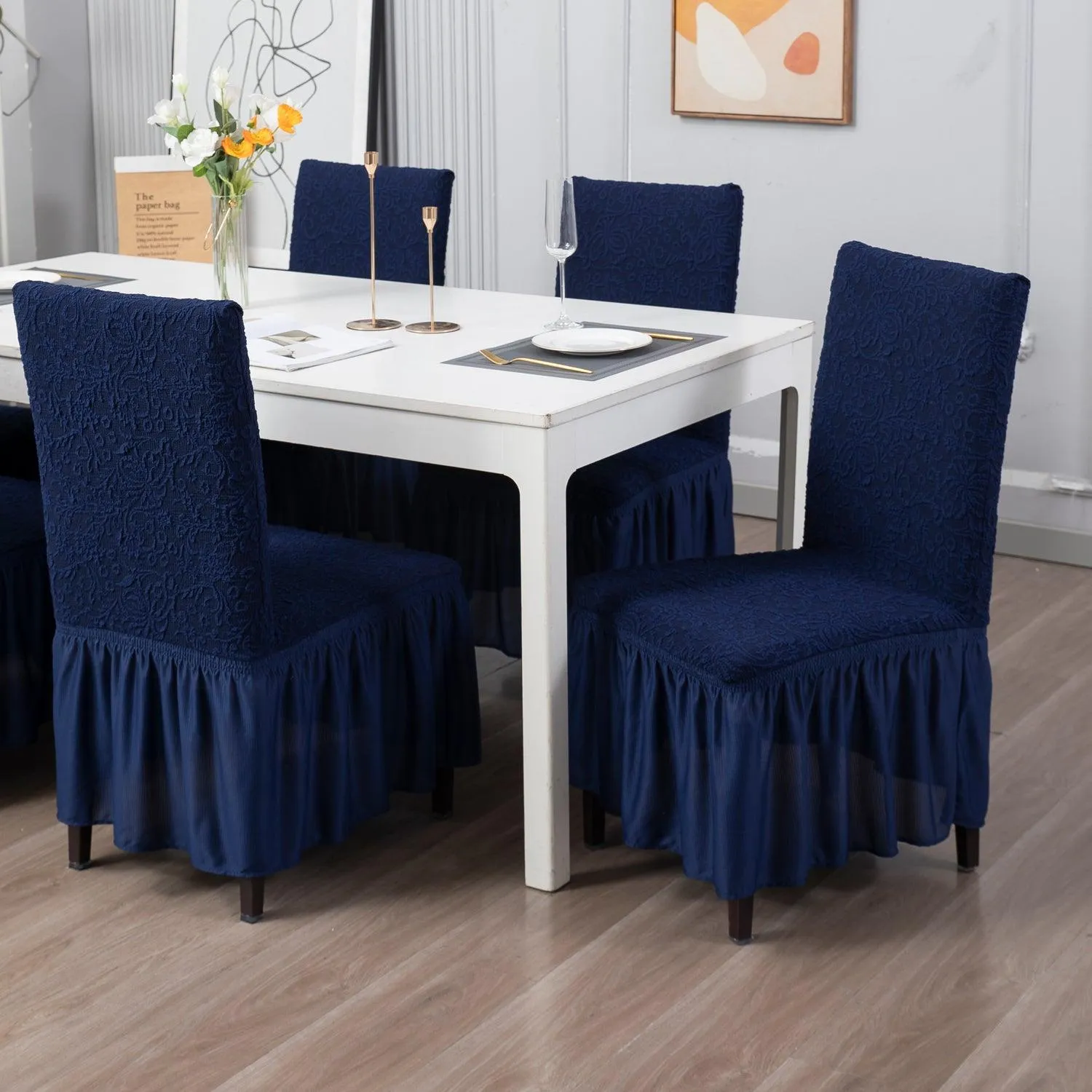 Elastic Stretchable Designer Woven Jacquard Dining Chair Cover with Frill, Navy Blue