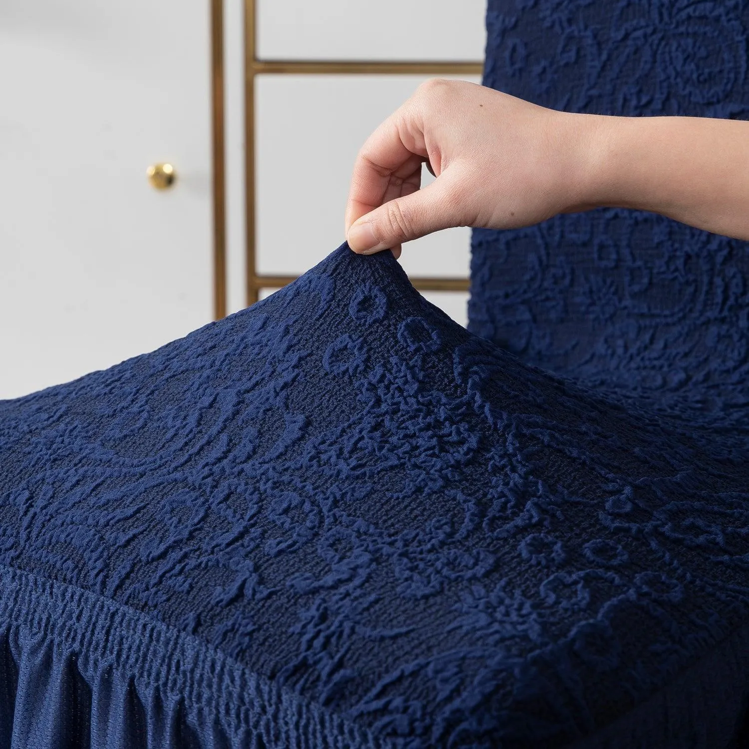 Elastic Stretchable Designer Woven Jacquard Dining Chair Cover with Frill, Navy Blue