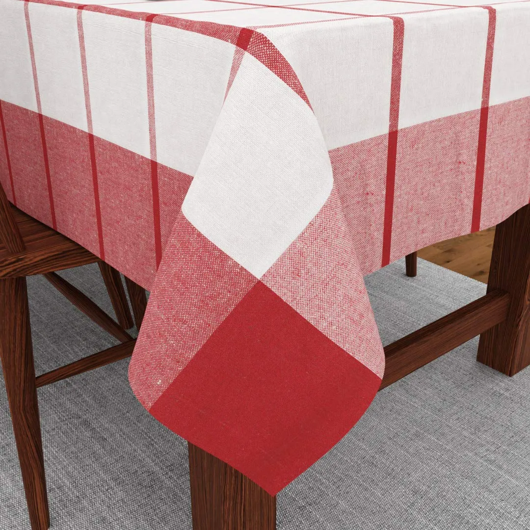 Encasa XO Table Cloth (10 ft Long) for 8 to 10 Seater Large Center Dining Table - Red Checks with Borders - Heavy Homespun Eco-Cotton Fabric, Washable, for Home, Garden, Hotel & Restaurant