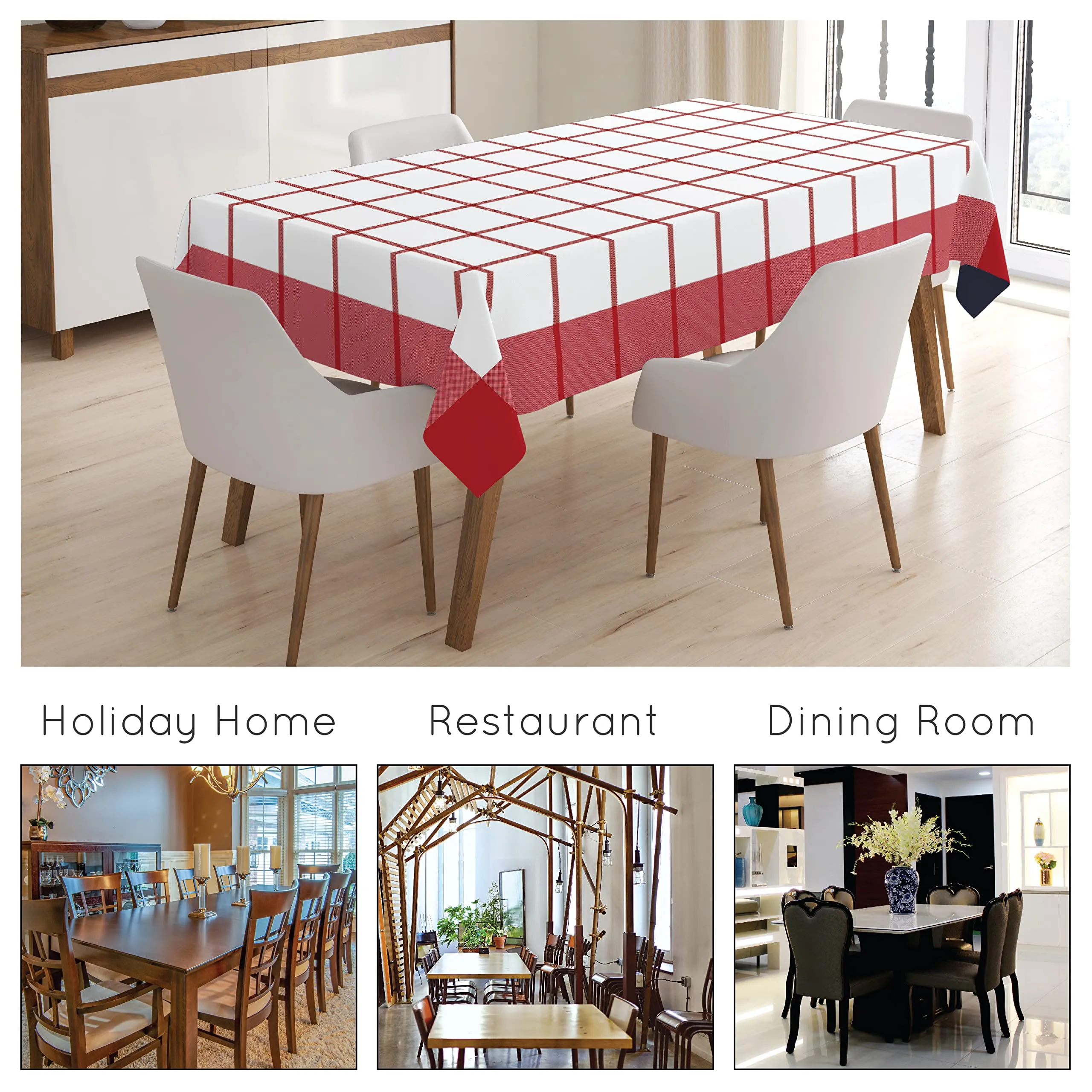 Encasa XO Table Cloth (10 ft Long) for 8 to 10 Seater Large Center Dining Table - Red Checks with Borders - Heavy Homespun Eco-Cotton Fabric, Washable, for Home, Garden, Hotel & Restaurant
