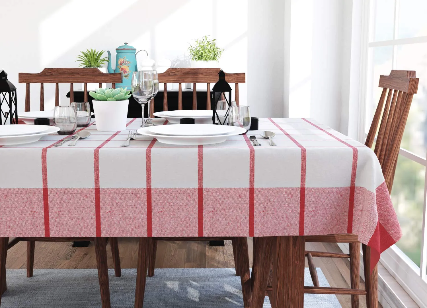 Encasa XO Table Cloth (10 ft Long) for 8 to 10 Seater Large Center Dining Table - Red Checks with Borders - Heavy Homespun Eco-Cotton Fabric, Washable, for Home, Garden, Hotel & Restaurant