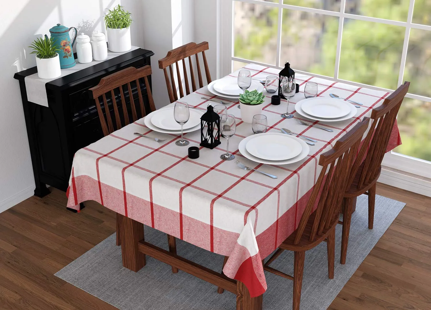Encasa XO Table Cloth (10 ft Long) for 8 to 10 Seater Large Center Dining Table - Red Checks with Borders - Heavy Homespun Eco-Cotton Fabric, Washable, for Home, Garden, Hotel & Restaurant