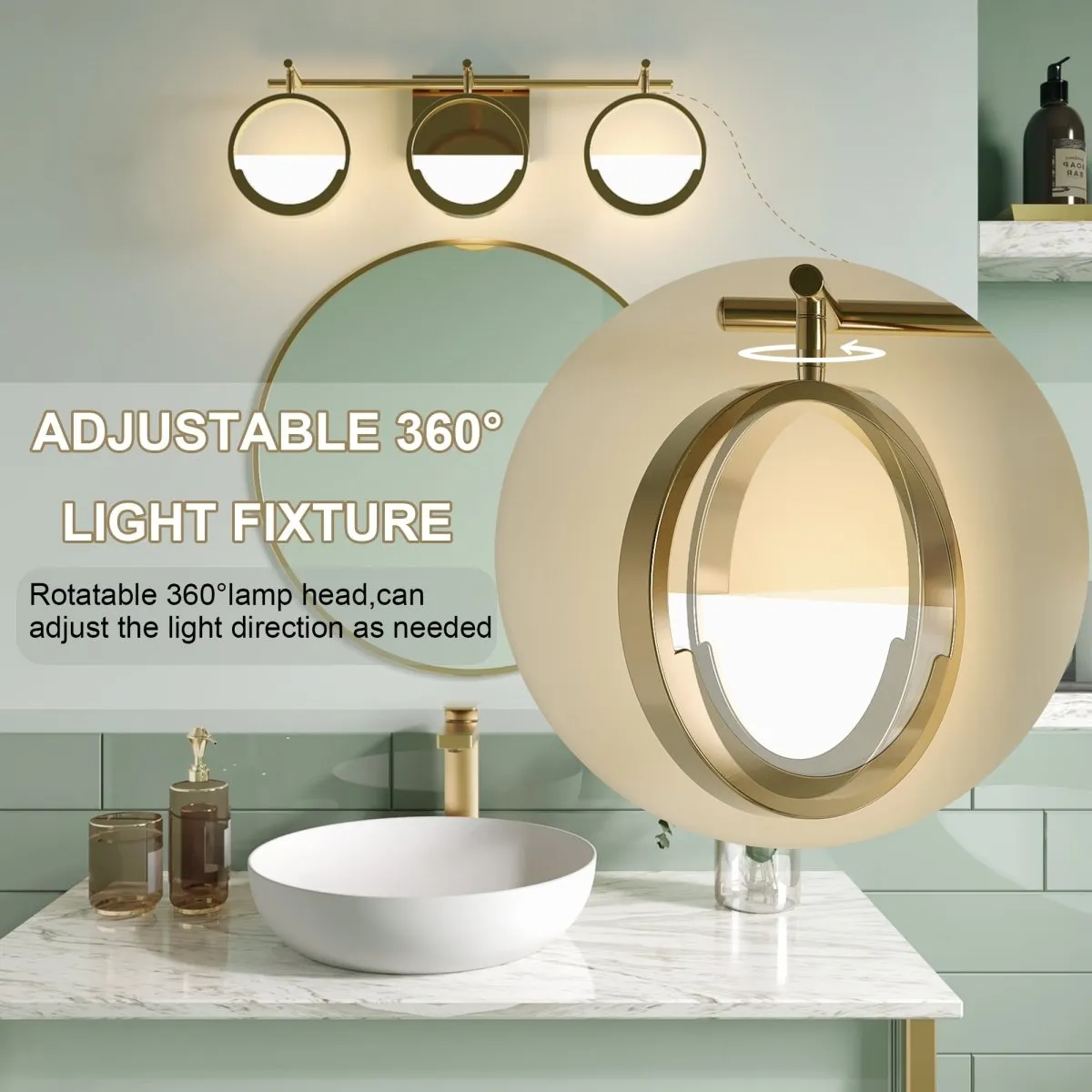 ExBrite Modern Simplicity LED Vanity Light with Rotatable Heads and Dimmable Brightness, Gold