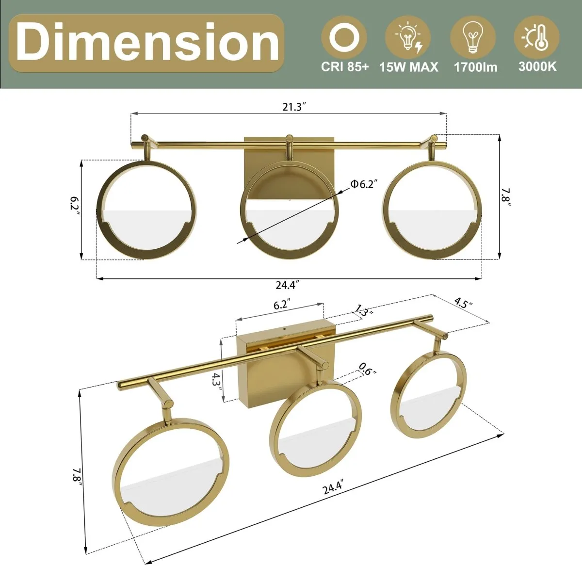 ExBrite Modern Simplicity LED Vanity Light with Rotatable Heads and Dimmable Brightness, Gold