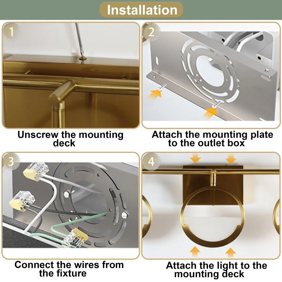 ExBrite Modern Simplicity LED Vanity Light with Rotatable Heads and Dimmable Brightness, Gold