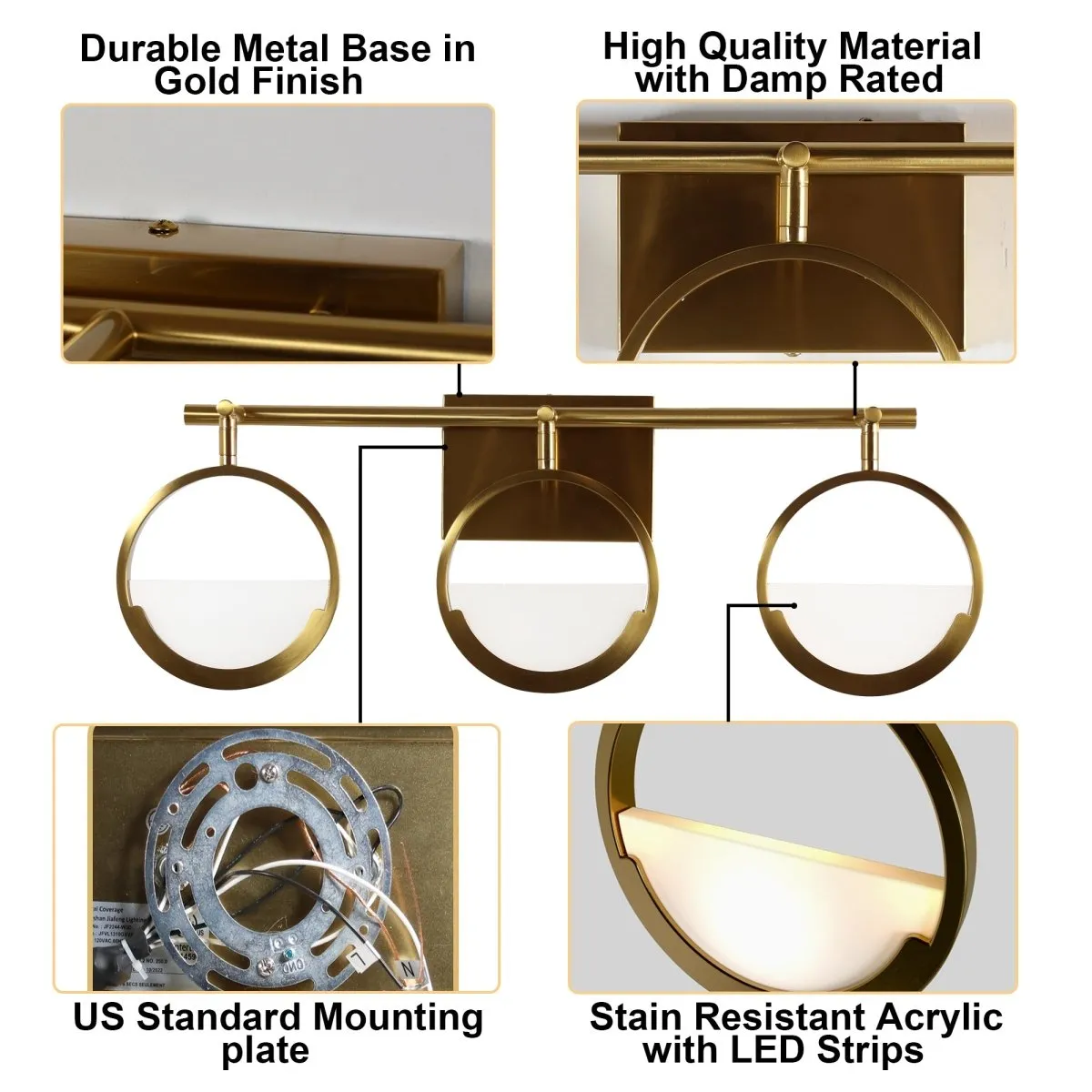 ExBrite Modern Simplicity LED Vanity Light with Rotatable Heads and Dimmable Brightness, Gold