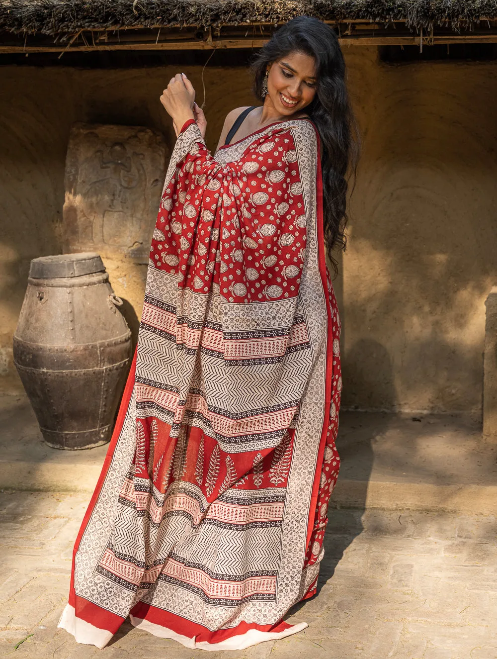 Exclusive Bagh Hand Block Printed Cotton Saree -  Floral Appeal